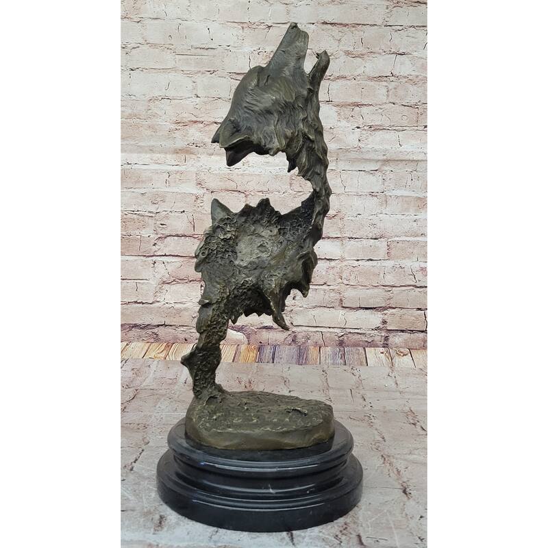 Howling Wolves Bronze Sculpture – Striking Dual Imitative Wolf Heads On Marble Base
