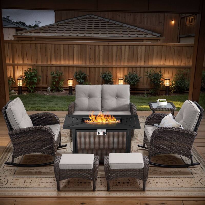 Gymojoy Outdoor Fire Pit Conversation Set, Loveseat Glider Sofa & Chairs - Patio Furniture Set - 7-Piece included Rocking Chairs & Ottomans - Beige