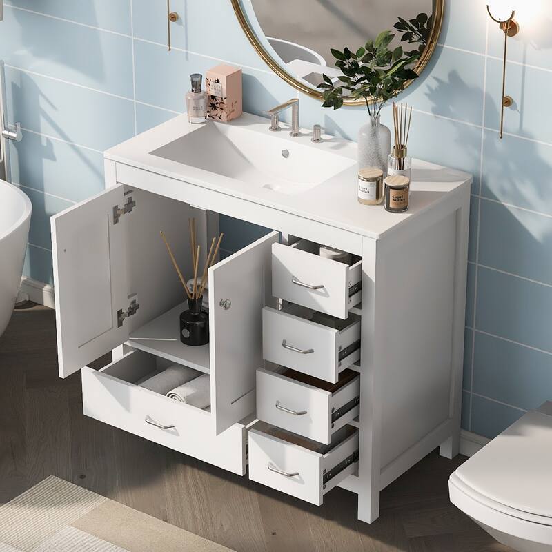 Modern 36" Bathroom Vanity Combo with Undermount Ceramic Sink, Free-Standing Storage Cabinet & Silver Handles - White
