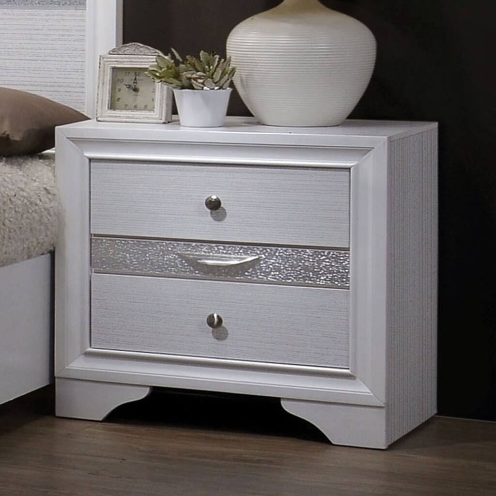 Contemporary White Nightstand with Hidden Jewelry Drawer and Silver Accents