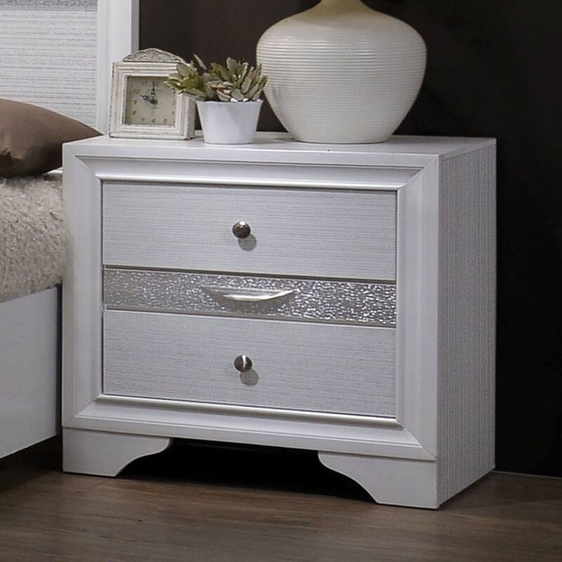 Glamorous White Bedside Table - 1pc Nightstand with Silver Accents and Storage - White