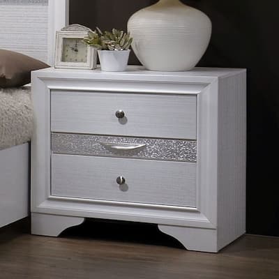 Glamorous White Bedside Table - 1pc Nightstand with Silver Accents and Storage