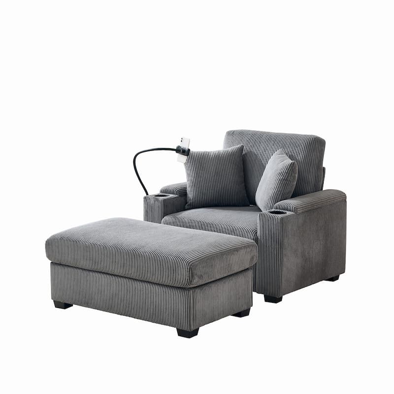 55"Oversized Chaise Lounge Chair with Ottoman and Storage,Sleeper Chair with Cup Holder,Mobile Phone Stand&USB Charging Port