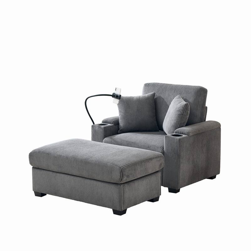Chaise Lounge Chair with Storage Ottoman, Leisure Armchair with Cup Holder, Accent Chair with USB Charging Port