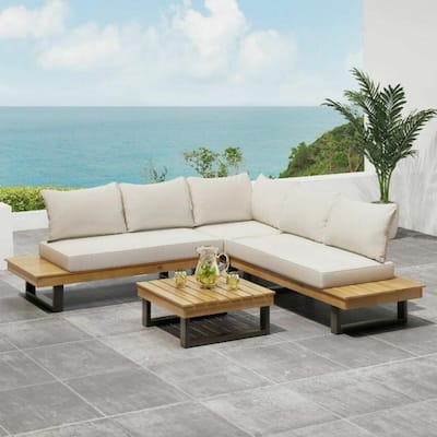 4-Piece Outdoor Acacia Wood Sectional Sofa Set with Coffee Table