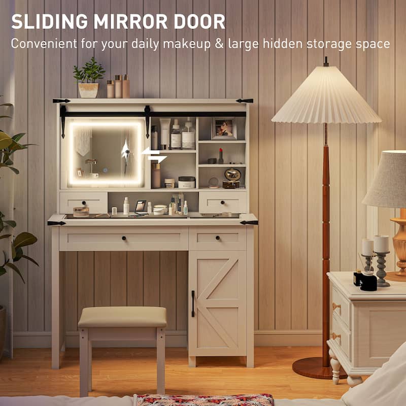 HOMCOM Vanity Desk with Mirror and Lights, 42" Glass Top Makeup Vanity Table Set with 3 Color Lighting, Shelves for Bedroom