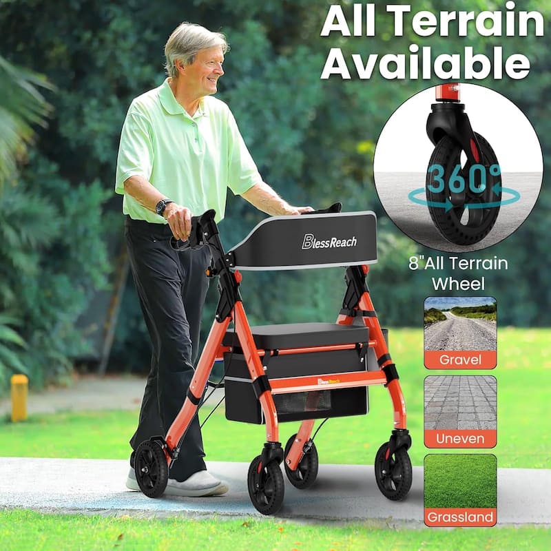 Foldable Rollator Walkers with Seat for Seniors, 450 lb Capacity, 8" Wheels, 18" Big Seat, 6-Position Adjustable Height