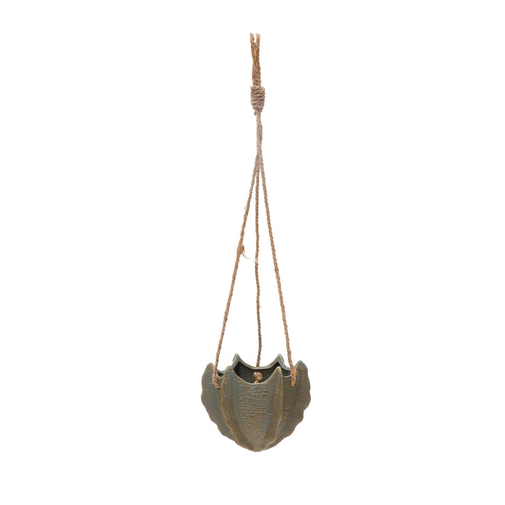 Hanging Stoneware Planter with Rope - 6.1"L x 6.1"W x 5.3"H