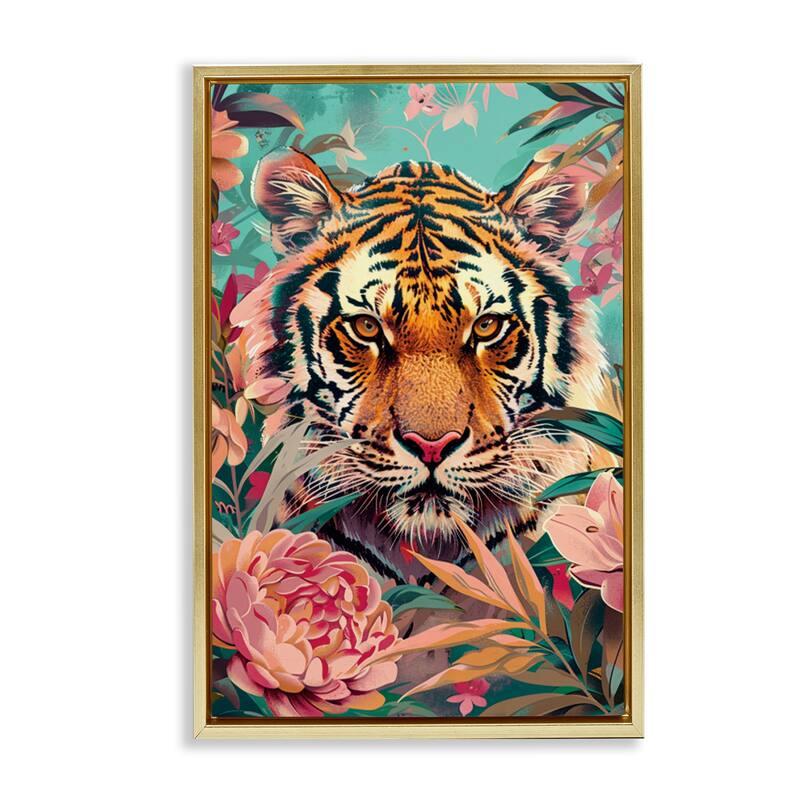Stupell Fierce Tiger In Waiting Framed Floater Canvas Wall Art Design By LSR Design Studio - 17 x 25 - Gold