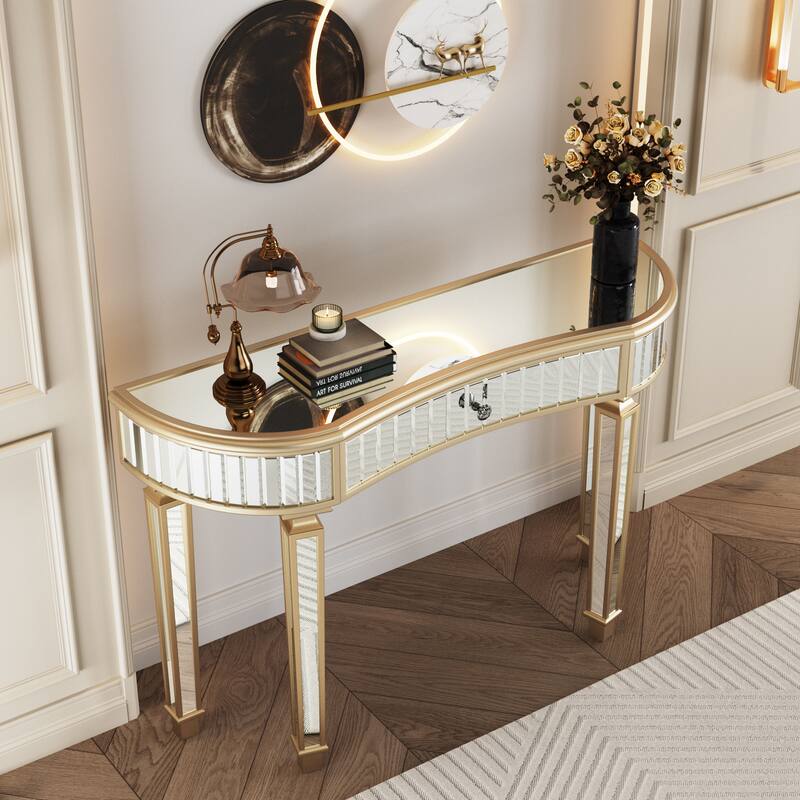 47 inch Half Moon Mirrored Console Table Fluted Glass Crystal Knob Drawer Silver Gold