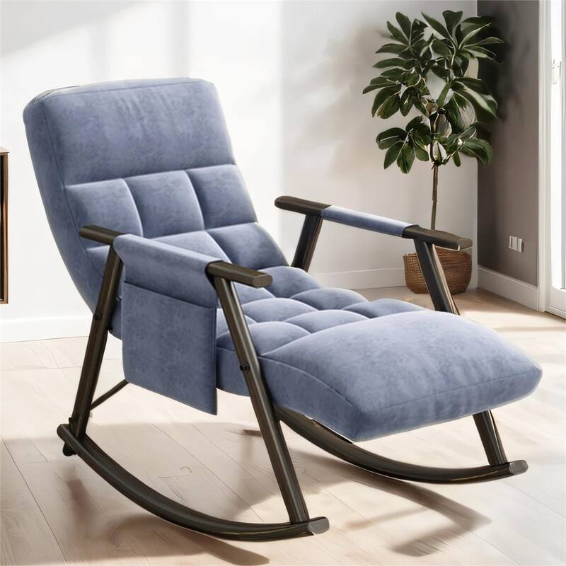 Upholstered Rocking Chair with Adjustable High Back, Side Pockets