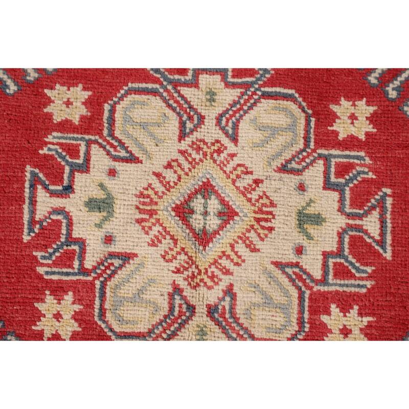 Geometric Kazak Accent Rug Handmade Red Wool Carpet - 3'2"x 5'0"