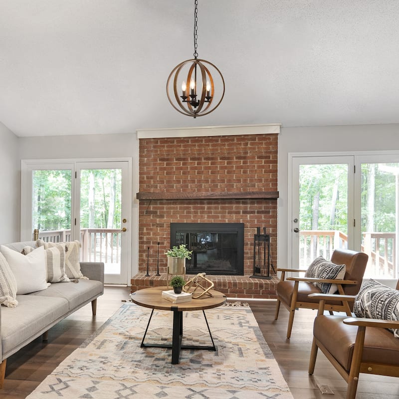 Farmhouse 3-Light Globe Wood Grain Chandelier for Dining Room Kitchen Island - W15.5"x H18"