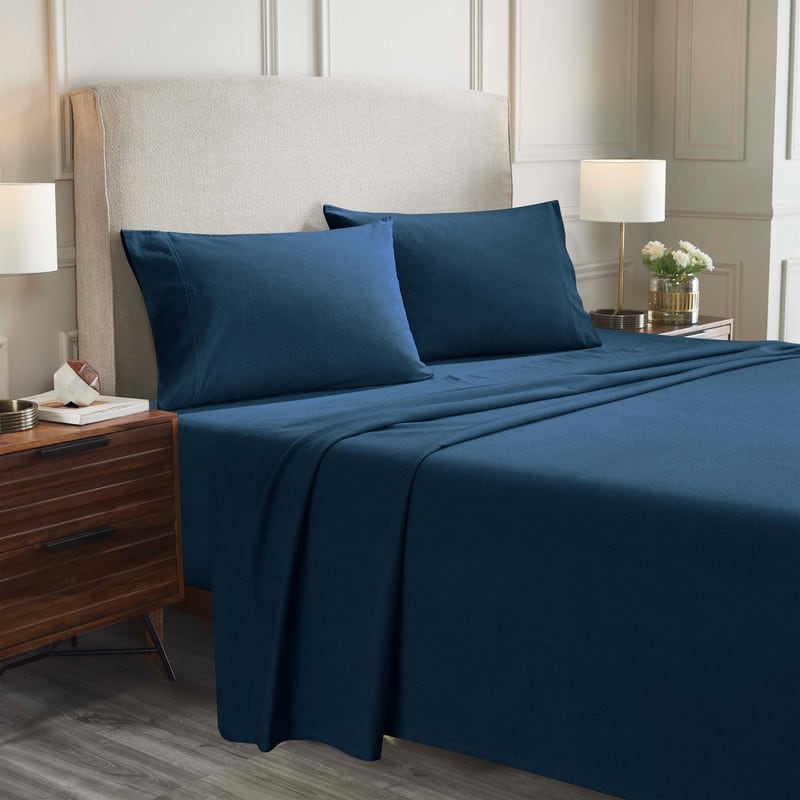 Superior Solid Flannel Cotton Fuzzy Deep Pocket Sheet Set - Navy Blue - California King