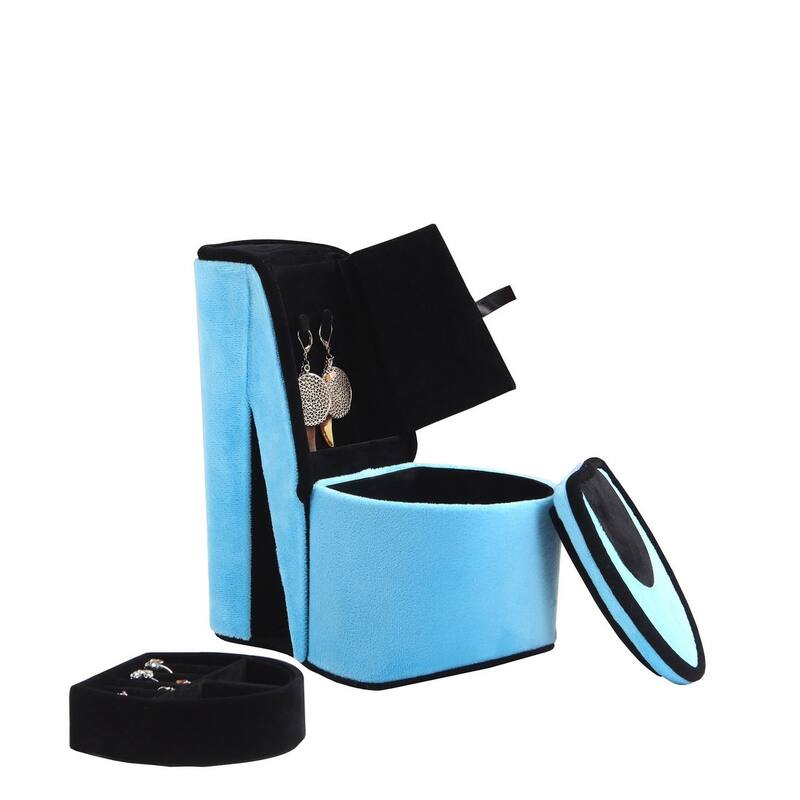 9" Tall Display Jewelry Box with Hidden Storage, High Heel Shoe Design, Turquoise Velvet - Turquoise