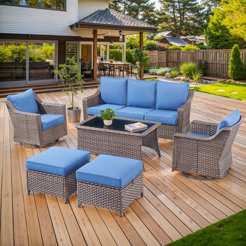 5 Piece Patio Glider Chair with Sofa Ottomans and Table - Brown - Brown - Blue
