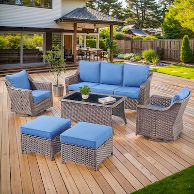 5 Piece Patio Glider Chair with Sofa Ottomans and Table - Brown