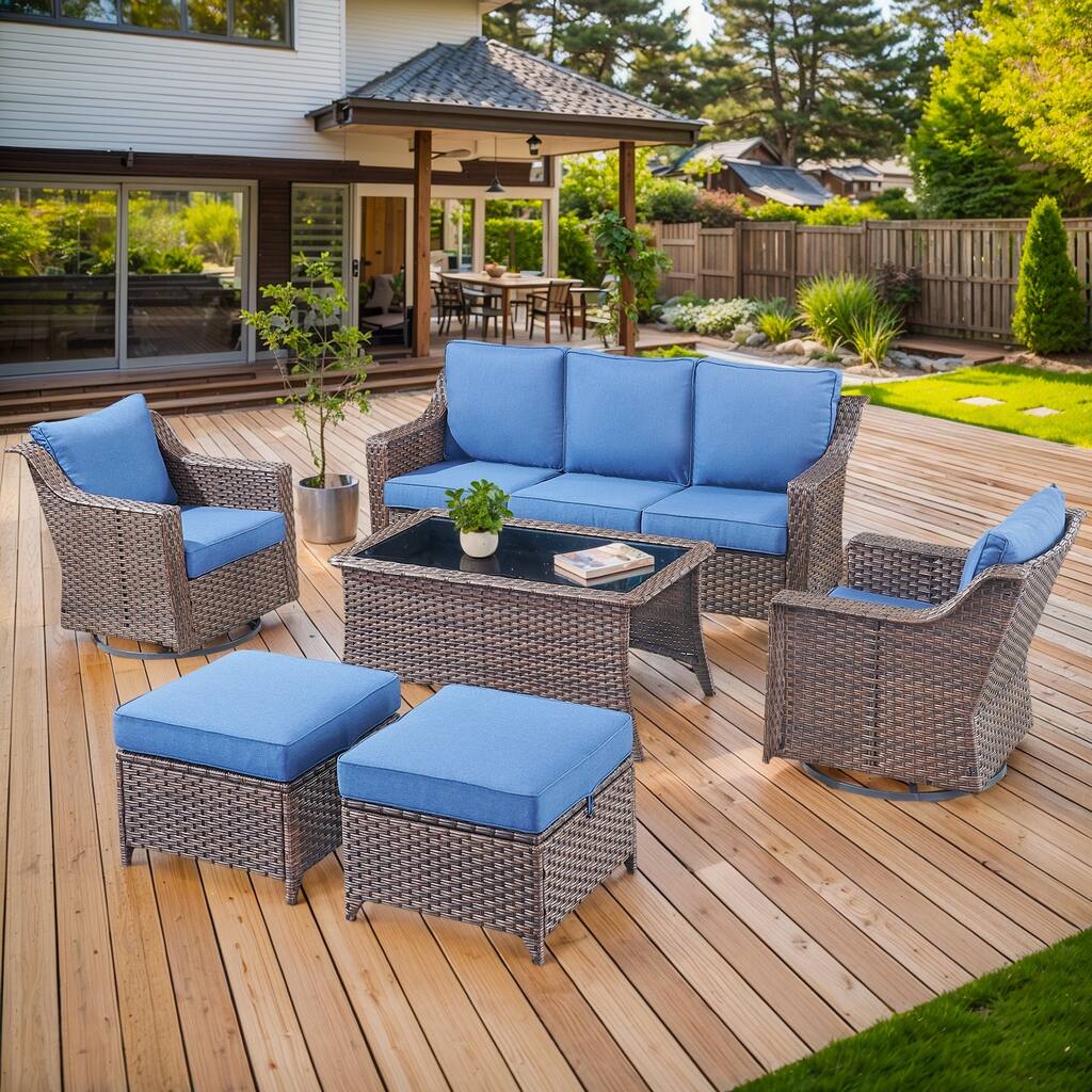 5 Piece Patio Glider Chair with Sofa Ottomans and Table - Brown