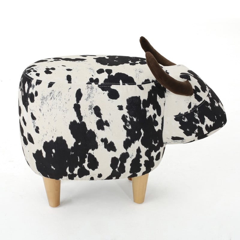 Christopher Knight Home Bessie Patterned Velvet Cow Ottoman, Black And White Cow Hide