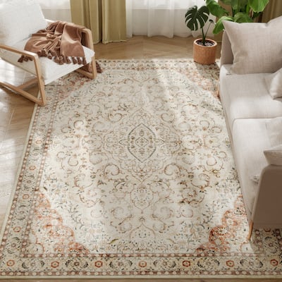 HOMCOM Area Rug 5x7, Machine Washable Rug, Non-Slip Classical Floral Print Floor Cover Foldable Carpet for Living Room,