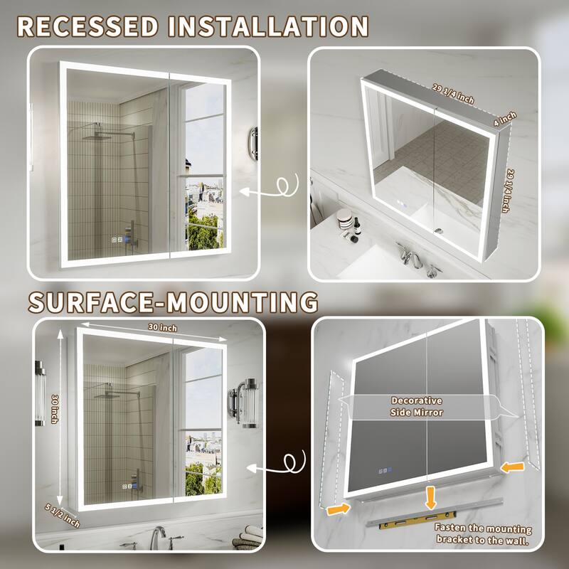Modland 24"-30"W x 30"H LED Bathroom Medicine Cabinet with Mirror Anti-Fog,Surface or Recessed Mount
