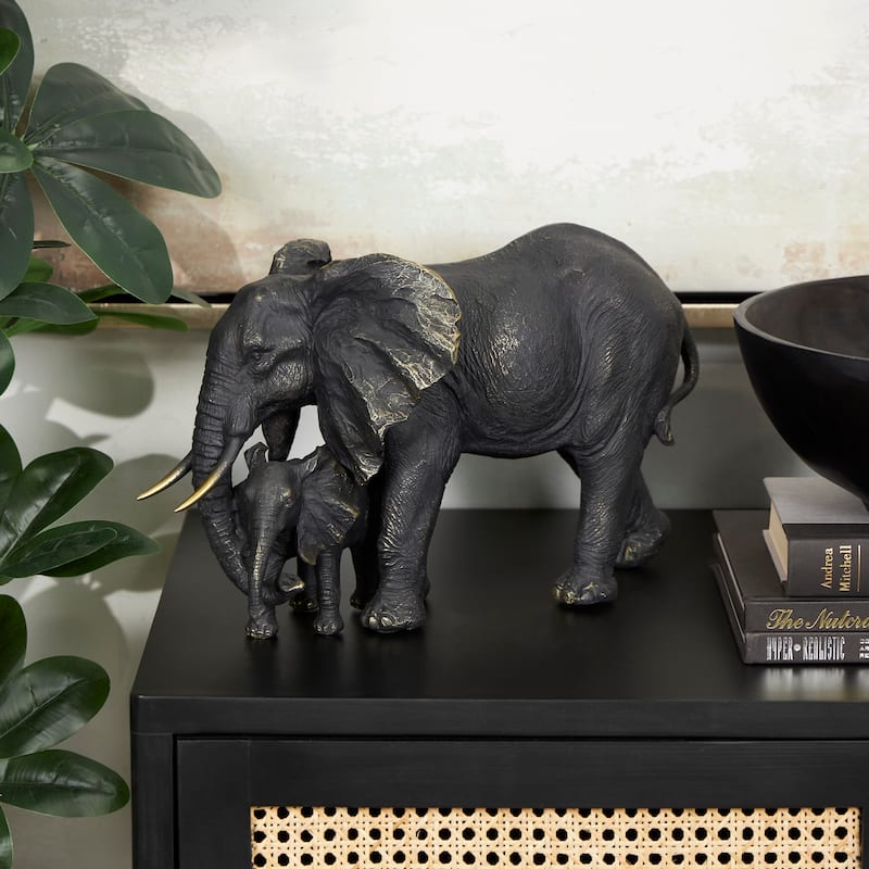 Bronze Polystone Family Elephant Decorative Sculpture with Gold Foil Accents - Bronze