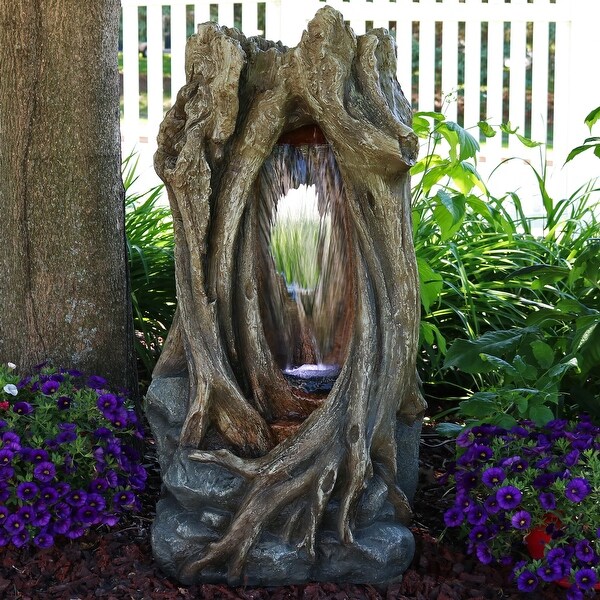 Sunnydaze Waterfall Tree Trunk Outdoor Water Fountain with LED   32 Inch