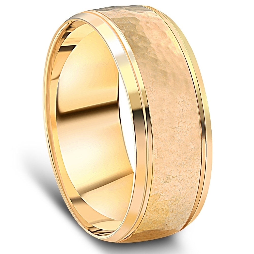 Bliss Diamond Men's 8mm 14k Yellow Gold Ring Hammered Beveled Edge Wedding Band