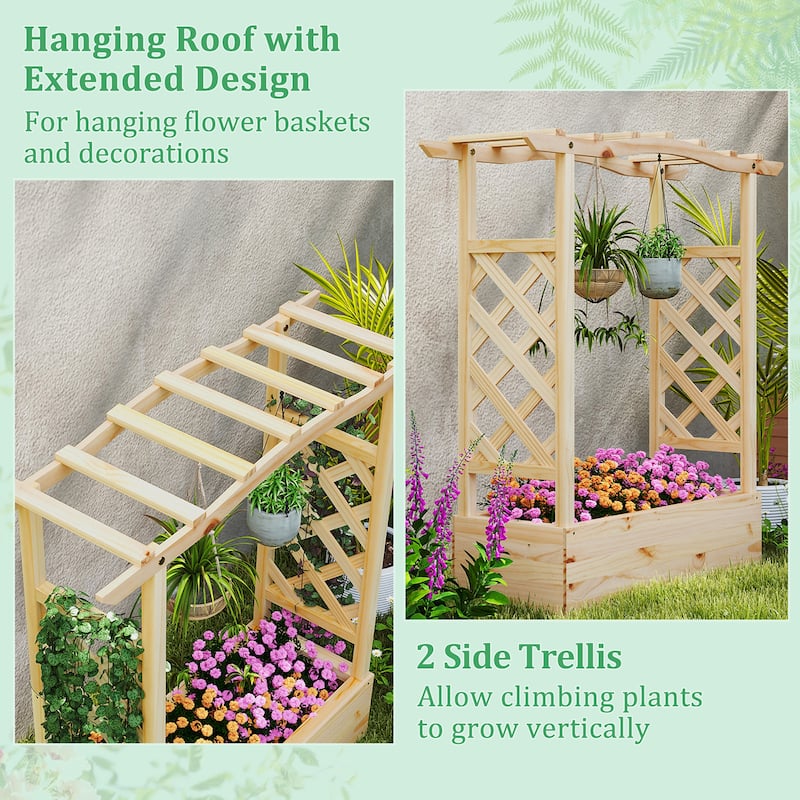 Gymax 2PCS Wooden Raised Garden Bed w/ Trellis & Hanging Roof Planter
