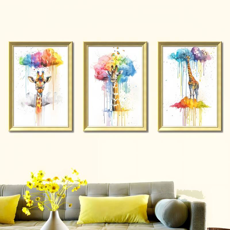 Set of 3 Colorful Giraffe Framed Wall Art - Replaceable Canvas Prints with Solid Wood Picture Frames, Creative Animal