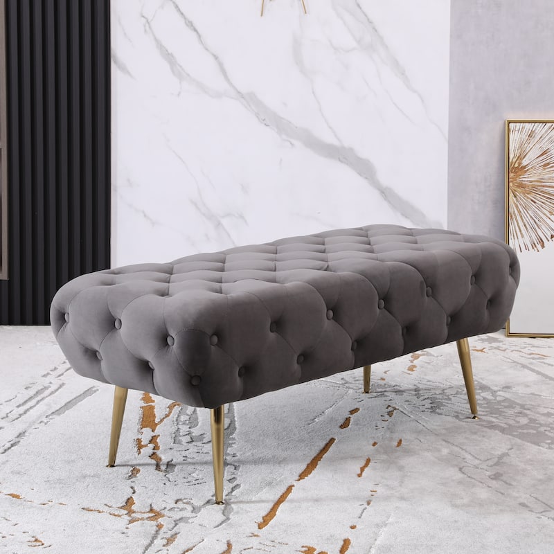 Roundhill Furniture Sira Velvet Button Tufted Bench with Gold Metal Legs
