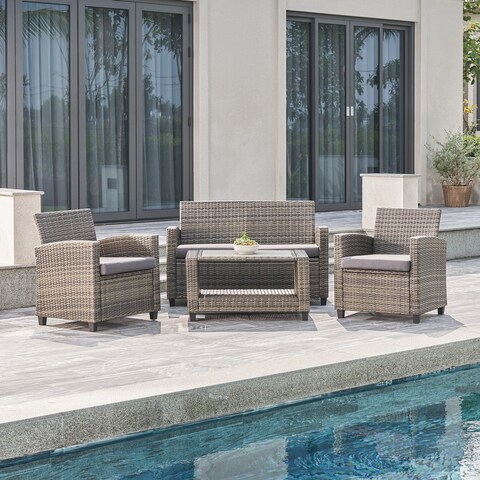 Gabrielle Wicker Mixed Acacia Wood Patio Lounge Sofa Set in Grey with Cushion