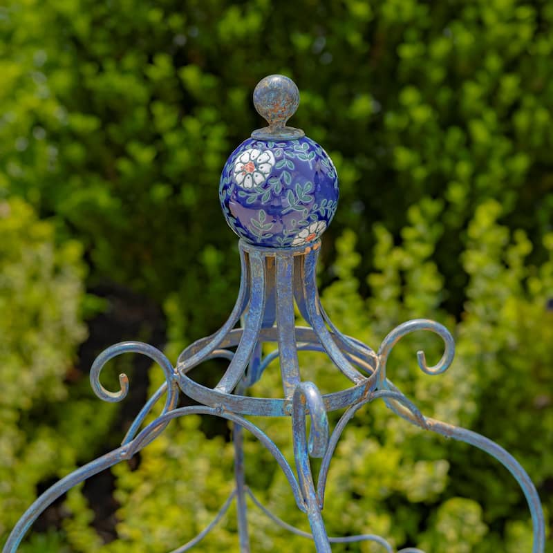 45 Inch Tall Standing Blue Iron Birdbath with Ceramic Sailor Ball - 14.57x14.57x44.88