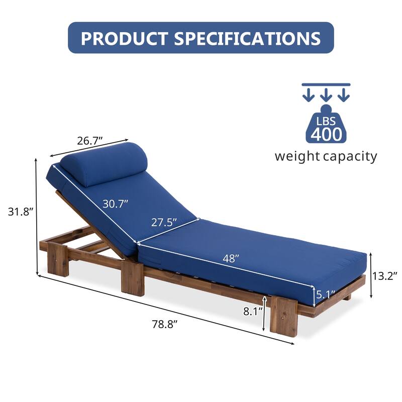 Roomfitters 78.8" Outdoor Patio Chaise Lounge Chair with Adjustable Backrest and Side Table for Poolside & Garden