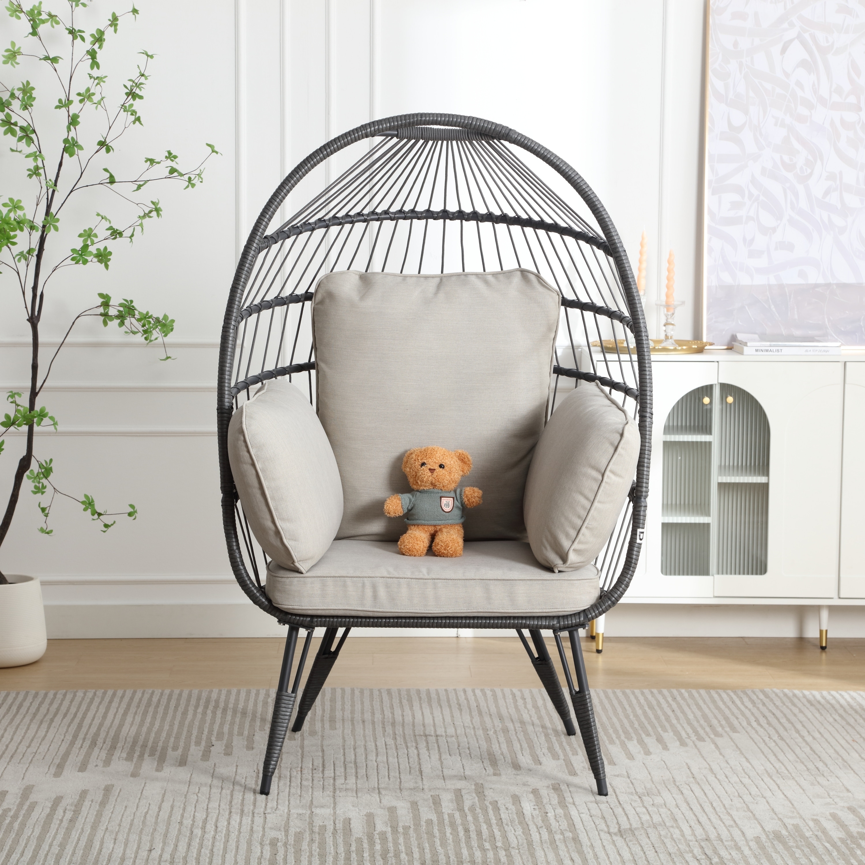HOMEFUN Outdoor Patio Wicker Egg Basket Chairs With UV Resistant Cushions Beige