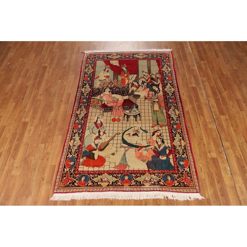 Pre-1900 Antique Pictorial Kashan Persian Rug Handmade Wool Carpet - 4'2"x 7'0"
