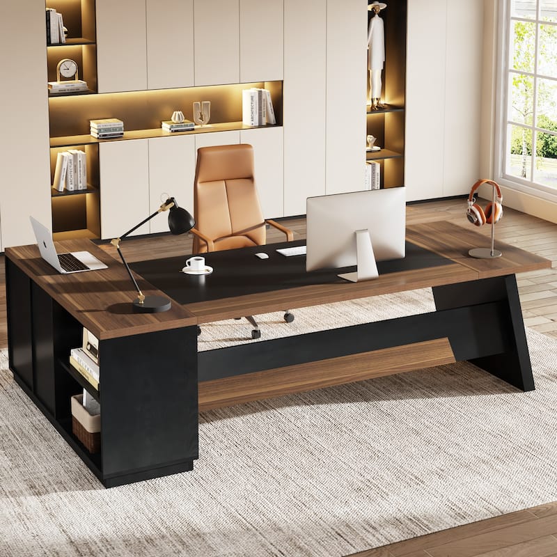 78.7-inch L Shaped Executive Desk with Drawers and Lateral File Cabinet - Brown+Black