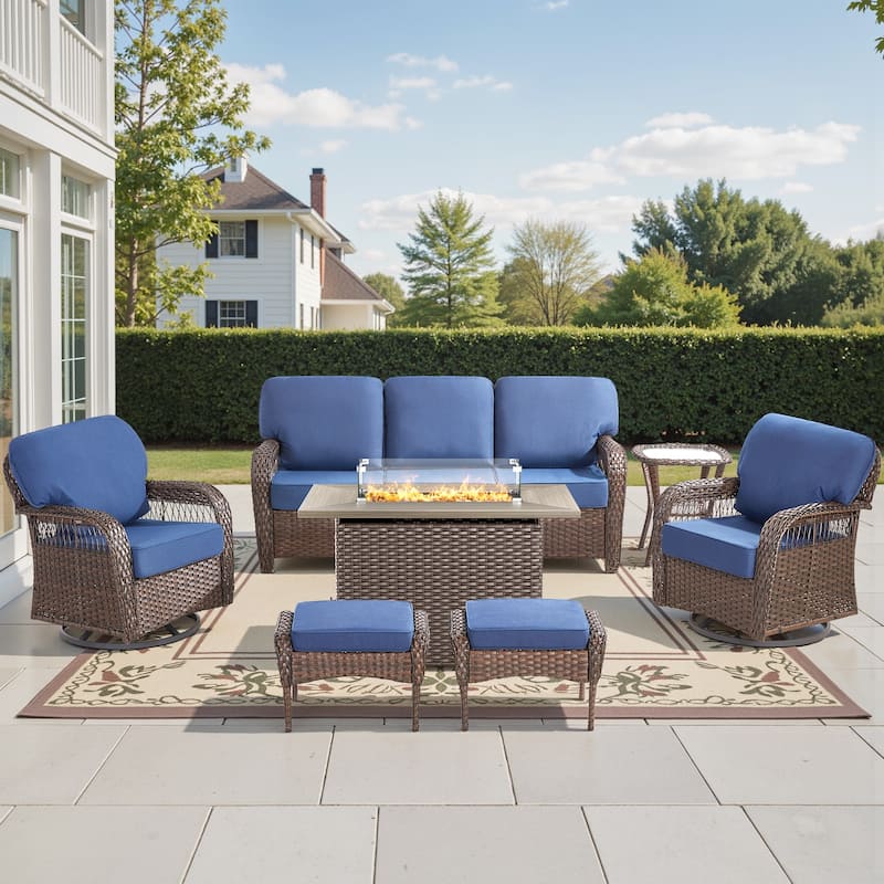 Pocassy Patio Sofa Ottoman Swivel Chair Table with Fire Table Set. - Brown Wicker Blue Cushion - 7-Piece Sofa Chair Table Ottoman w/ Fie Table