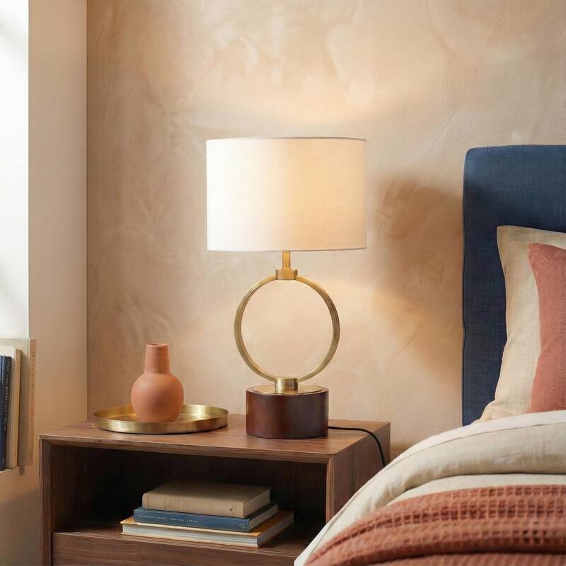 Colly Brass Ring Table Lamp with Wooden Base - Walnut