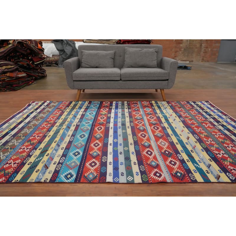 Hand Woven Oriental 100% Wool Carpet Southwestern Tribal Multi-Colored Kilim Area Rug - 8' 10'' X 6' 2''