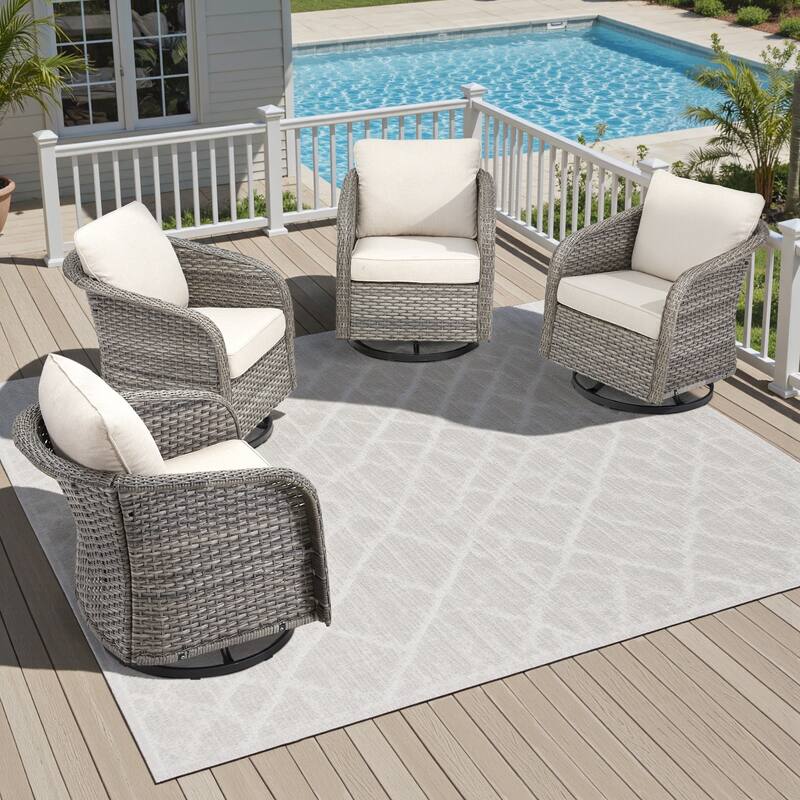 Pocassy Outdoor Patio Wicker Sofa Chair Furniture Set - Light Grey Wicker Beige Cushion - 4 Pieces Swivel Chair