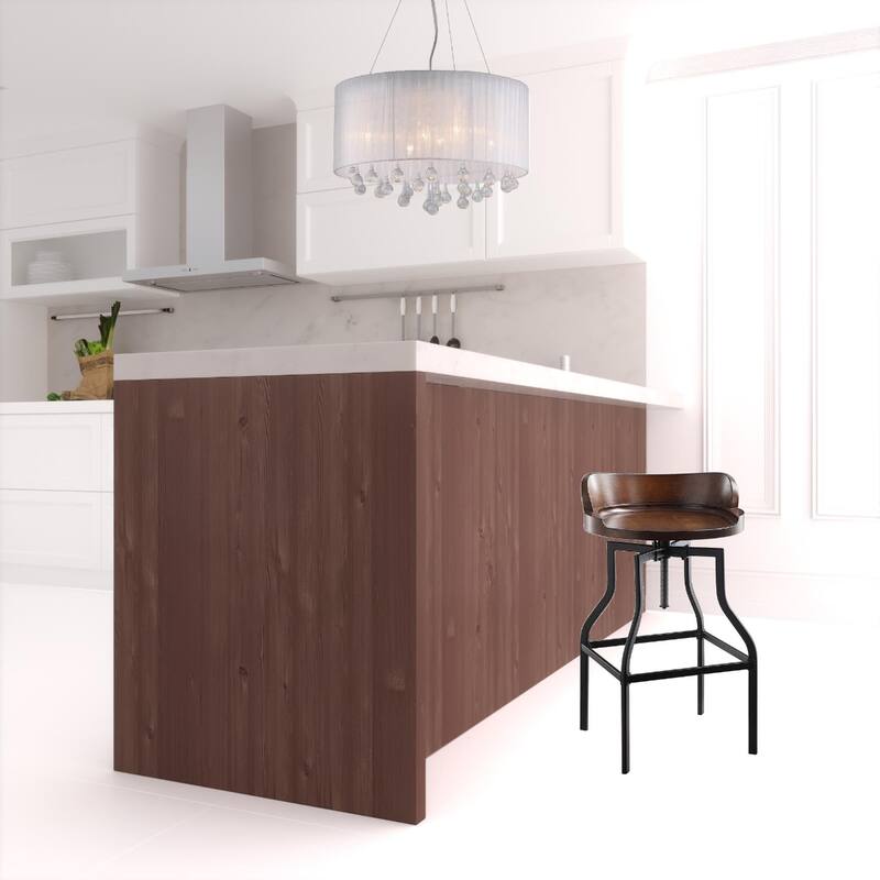 Contemporary Adjustable Height Swivel Bar Stool with Chestnut Wood Seat and Black Steel Legs with Footrest
