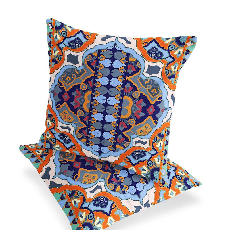 HomeRoots Set of Two 16" X 16" Blue and Orange Blown Seam Floral Indoor Outdoor Throw Pillow - 16.00' X '16.00' X '5.00