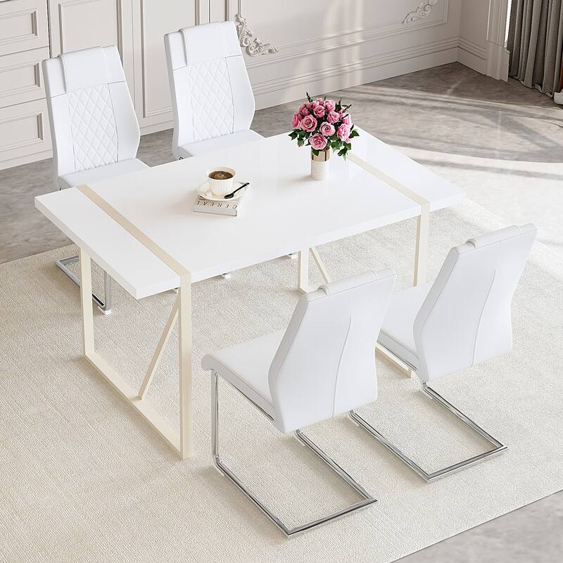 Roomfitters 5/7pcs Cream Style MDF Dining Table Set with Chairs and Silver Metal Legs, Warm Modern Look, White