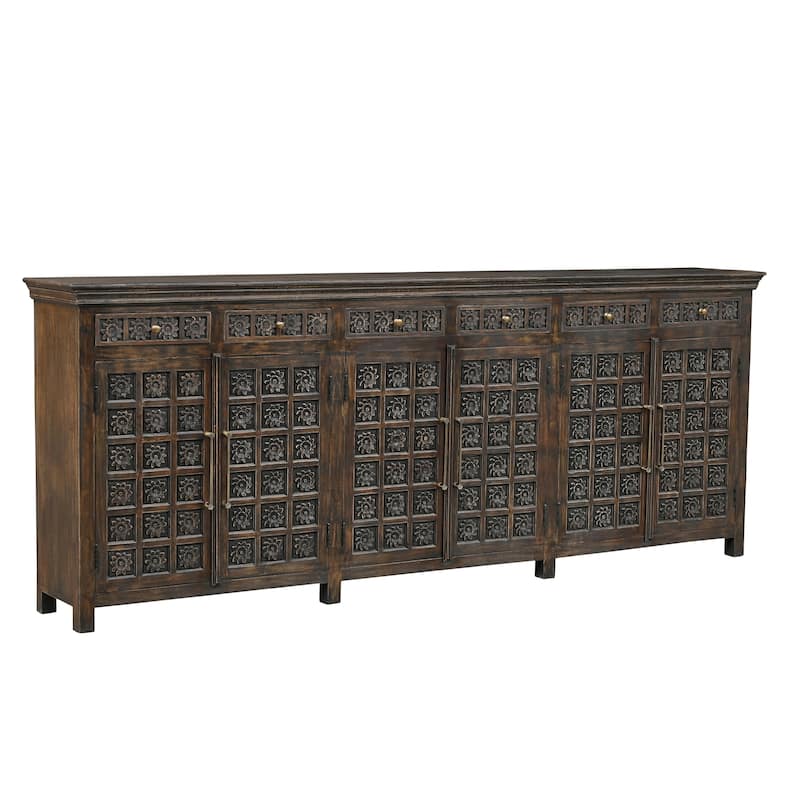 HomeRoots 107" Brown Distressed Solid Wood Carved Floral Six Drawer Sideboard with Six Doors
