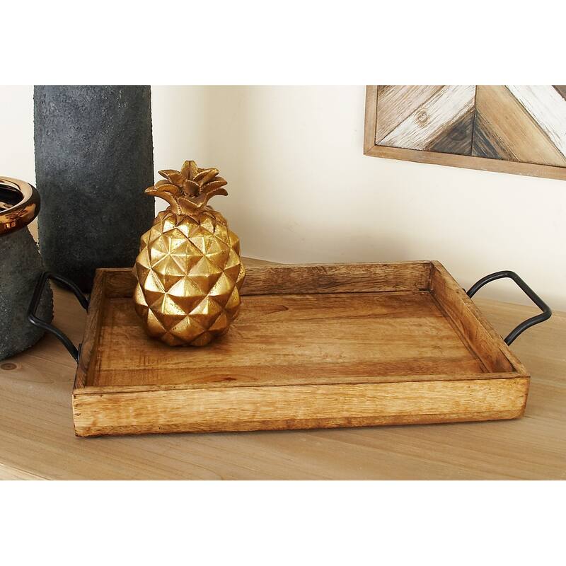 Brown Mango Wood Living Room Decor Tray with Slot Handles (Set of 3) - Brown