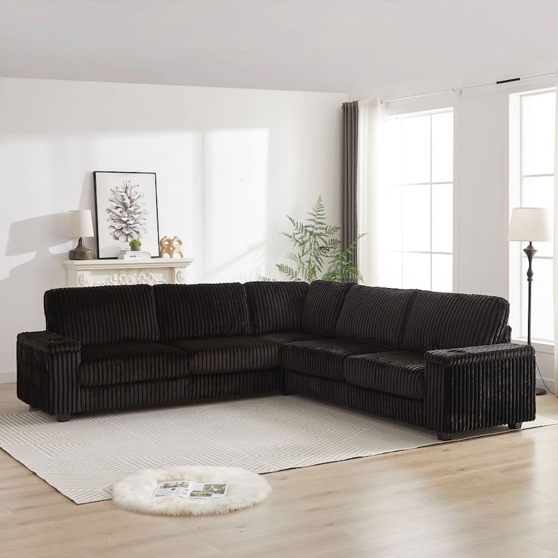 110-Inch L-Shape Oversized Corduroy Corner Sofa with Two Storage Spaces,USB Port, Type-C Port and Cup-Holder