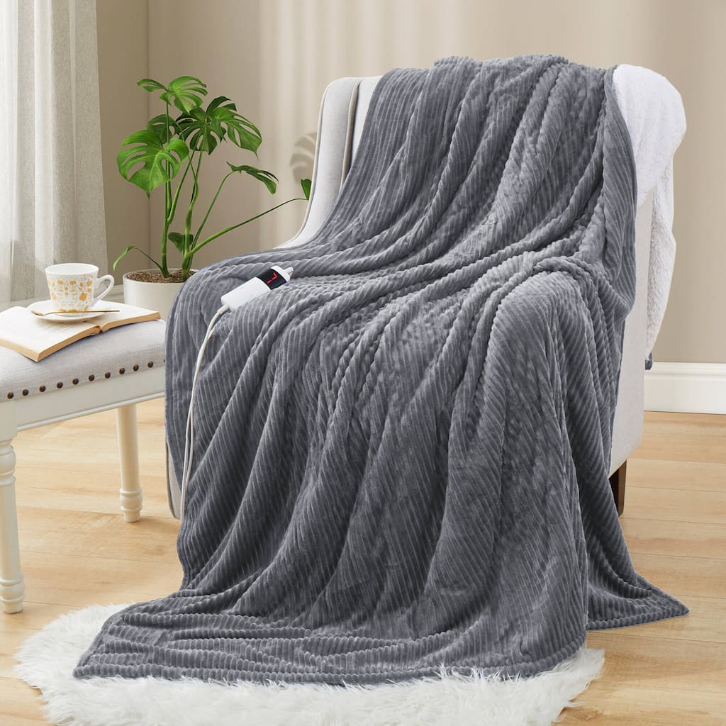 Dual-Side Thicker Striped Flannel Heated Electric Throw Blanket with 10 Heating Levels