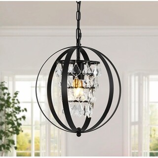 Modern Black 1-Light Globe Shape Iron Frame Pendant with Crystal Piece ...