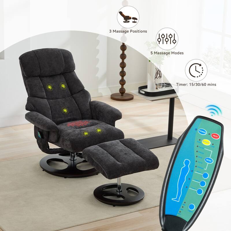 Recliner Chair with Ottoman, Modern 360° Swivel Lounge Chair with Footstool, Chenille Fabric, 5 Point Vibration Massage